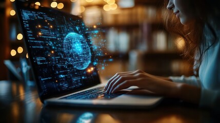 Woman Coding on Laptop with Holographic Globe Projecting From Screen