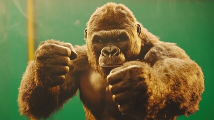 Fierce Gorilla in a Ready-to-Fight Stance with Intense Stare on Green Backdrop