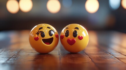 Two affectionate emoji balls, embodying love and joyous expression on wood surface