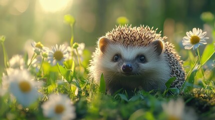 Enchanting hedgehog portrait amid a field of vibrant daisies in soft light