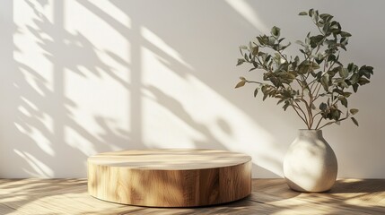 Elegant wooden podium with plant accent and light play for product showcase