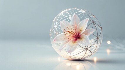 Elegant lily blossom encased in a delicate geometric glass orb, illuminated with soft light and a serene background