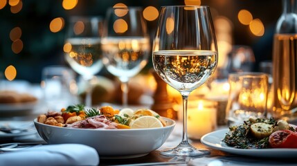 Elegant dining experience featuring wine and gourmet appetizers on a table