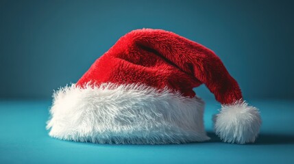 Festive anticipation: Red and white Santa hat against a clean blue backdrop