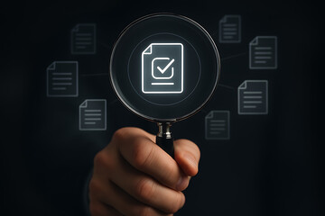 digital document validation, quality assurance, document auditing, magnifying glass, digital checklist, document review, audit icon, compliance check, inspection, digital QA, modern auditing, quality 