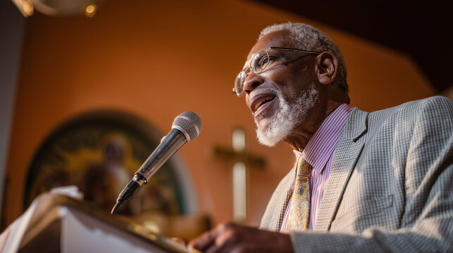 Senior African American pastor delivering sermon with microphone in church with cross in background during religious service