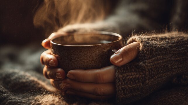 Cozy Autumn Vibes: Warm Mug in Hand with Steam Rising