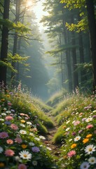 Golden morning sunlight filters through misty trees in an autumnal forest