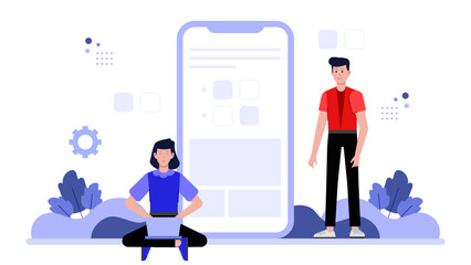 Startup founder reviewing app store launch checklist, flat vector illustration