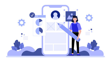 UX designer testing mobile app navigation flow, flat vector illustration