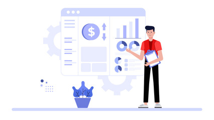 Finance team creating monthly budget allocation chart, flat vector illustration
