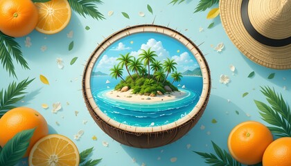 Tropical summer beach background with palm trees and colorful fruits by the sea