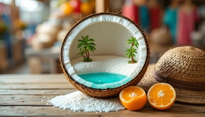 Fresh coconut cocktail on a natural wooden table, decorated with a tropical flower, perfect for a healthy holiday drink