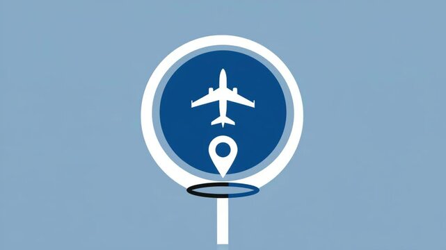 Flat Style Airplane Travel Icon with Map Location Symbol and Blue Background
