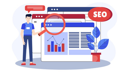 Digital marketing manager auditing website SEO, flat vector illustration