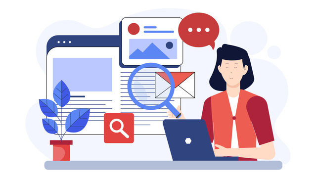 Content writer researching trending blog topics, flat vector illustration