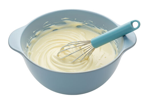 A light blue bowl holds creamy batter, a whisk rests inside isolated on transparent background - Powered by Adobe