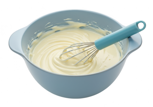 A light blue bowl holds creamy batter, a whisk rests inside isolated on transparent background - Powered by Adobe