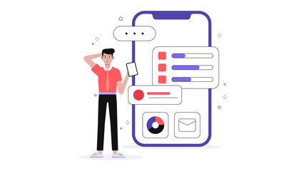 Startup founder reviewing app store launch checklist, flat vector illustration