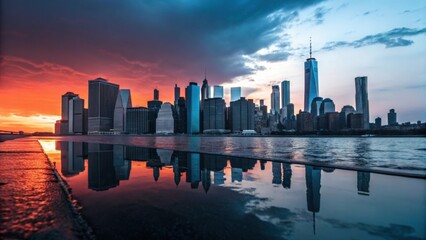 Panoramic view of new york city skyline at sunset reflected in water, showcasing urban architecture and vibrant sky colors