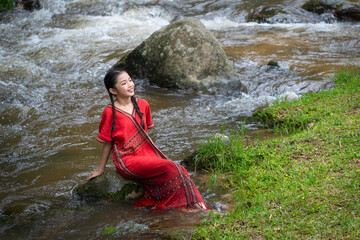 Asian Pretty Women Enjoy Playing in Stream, Doi Inthanon, Chiang Mai, Thailand.