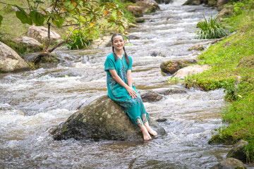Asian Pretty Women Enjoy Playing in Stream, Doi Inthanon, Chiang Mai, Thailand.