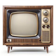 A vintage wooden television set with retro knobs and a classic analog screen, isolated on a white background