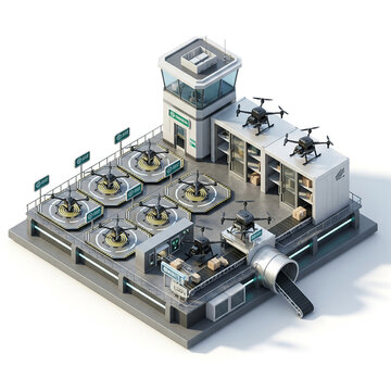 Isometric view of a modern drone delivery hub with multiple drones and a control tower.