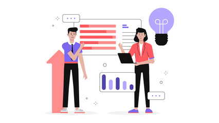 Startup team mapping strategic growth objectives, flat vector illustration