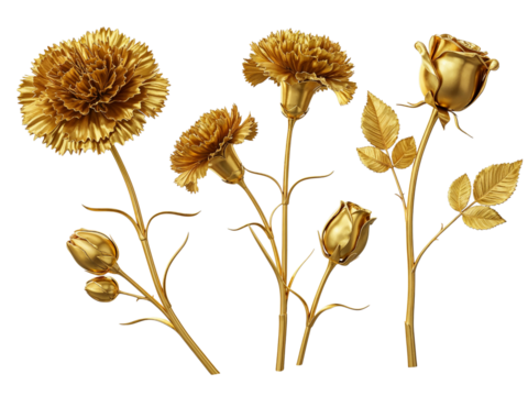 Collection of golden carnations and roses with buds and leaves isolated on transparent background