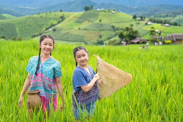 Group of pretty teenage travellers wearing custom-made Karen dresses in a natural green terraced...