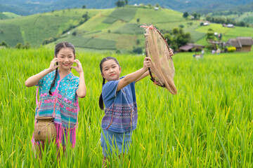 Group of pretty teenage travellers wearing custom-made Karen dresses in a natural green terraced rice fields at Pa Bong Piang rice fields, Mae Chaem, Doi Inthanon, Chiang Mai, Thailand.