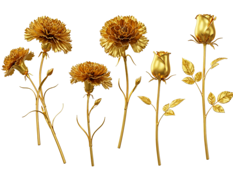 Collection of golden carnations and roses with leaves and buds isolated on transparent background