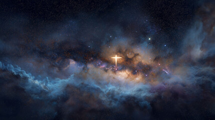Cross shaped star glowing in cosmic galaxy with heavenly stars and spiritual light in deep space symbolizing faith and divine presence