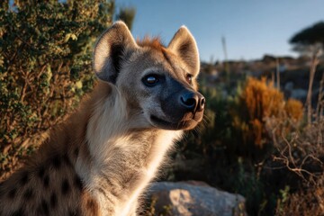 A hyena gazes alertly into the distance lit by warm sunlight amidst a natural bushy environment