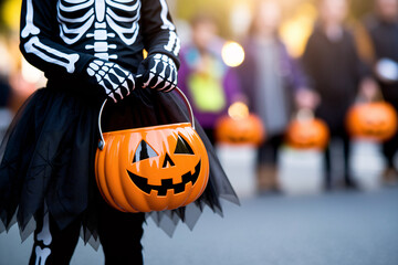 Girl child in skeleton Halloween costume with tulle skirt and pumpkin shaped candy bucket in costume