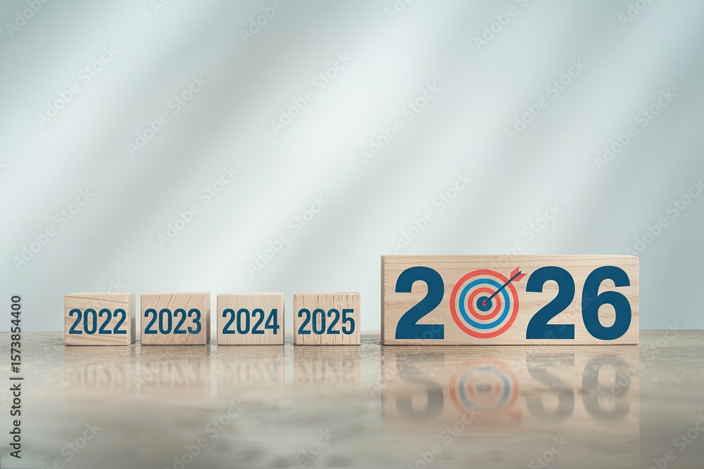 Poster wooden blocks displaying years 2022 through 2025 leading to a target with an arrow for the year 2026