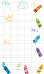 fondo vertical de hoja cuadriculada, con marco de  dibujos y crayones de colores 
