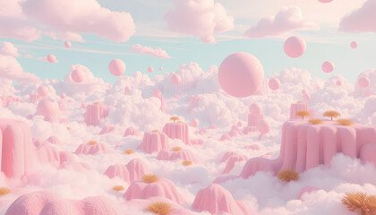 Abstract world of floating bubble islands, pastel color palette, cloudy sky, soft pop 3D style 2
