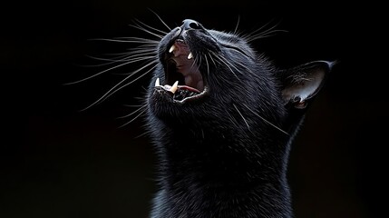 Close-up view of a black cat with an open mouth.