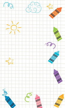 fondo vertical de hoja cuadriculada, con marco de  dibujos y crayones de colores 