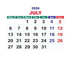 July 2026 calendar template, editable monthly layout for planners and office schedule with clean grid design