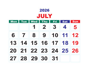 July 2026 calendar template, editable monthly layout for planners and office schedule with clean grid design