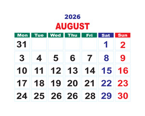 August 2026 calendar template, editable monthly planner page with weekend highlights and clean typography