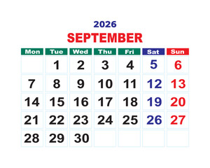 September 2026 calendar template, clean monthly planner layout with editable grid and weekday highlights