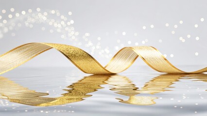 Elegant golden ribbon gracefully reflected on a water surface with sparkling bokeh background