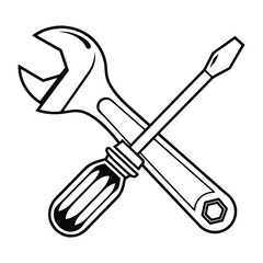 Crossed wrench and screwdriver icon for repair and maintenance themes, Black and white vector design