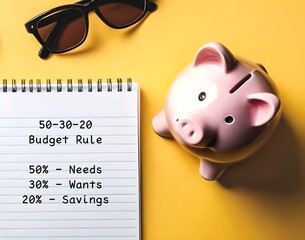 Piggy bank and notebook written 50 - 30 -  20 BUDGET RULE , 50% NEEDS 30% WANTS 20% SAVINGS - Rule of Thumb allocating budget to save money - balance expenses, spending and long-term financial goals.