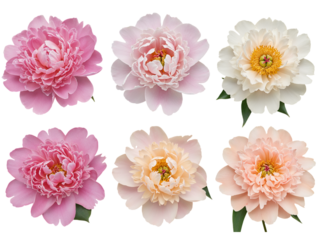 Six beautiful peonies in shades of pink white and peach isolated on transparent background