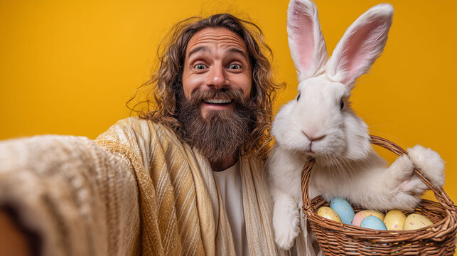 Jesus selfie with easter bunny holding basket of colorful eggs on yellow background for easter celebration joy and faith